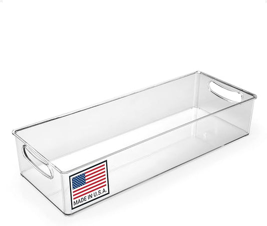 15-Inch Refrigerator Organizer Bin with Handles - Clear Plastic Storage for Fridge, Pantry, or Countertop - Dishwasher Safe - Made in the USA