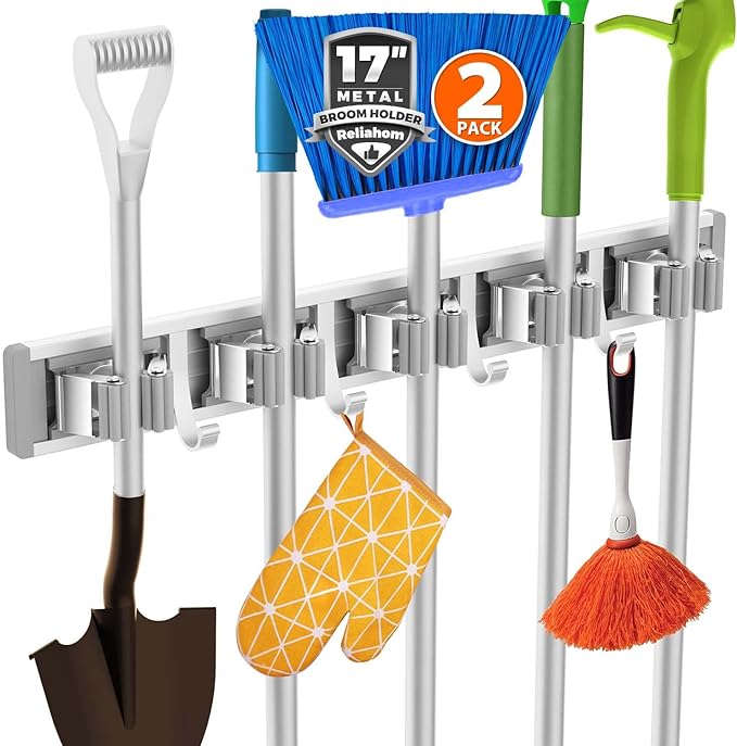 2 Pack Broom Holder Wall Mount Mop and Broom Hanger Wall Mounted Garage Storage Rack Kitchen Garden Tool Organizer (5 Racks with 4 Hooks, Silver)-NeatNest