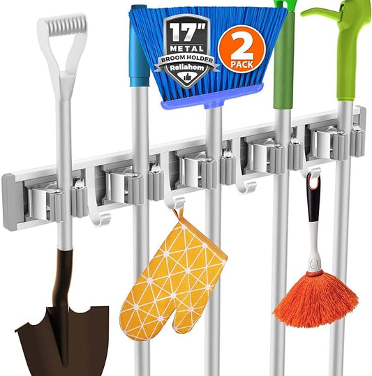 2 Pack Broom Holder Wall Mount Mop and Broom Hanger Wall Mounted Garage Storage Rack Kitchen Garden Tool Organizer (5 Racks with 4 Hooks, Silver)-NeatNest