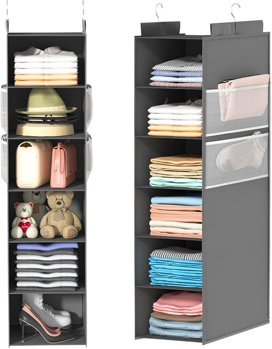 Extra Deep Hanging Closet Organizer with 6 Shelves and Oversized Mesh Pockets, Heavy-Duty Structure, No Deformation, Max Storage for Clothes, Shoes, Hats, Dorms and RVs, Grey,1-Pack-NeatNest
