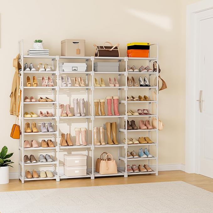 ROJASOP Large Shoe Rack Organizer for Entryway Closet 64-68 Pairs 9-Tier Heavy Duty Tall Garage Shoe Rack Shoe Shelf Shoes Storage with 18 Pcs Removable Side Hooks for Bedroom and Garage White-NeatNest