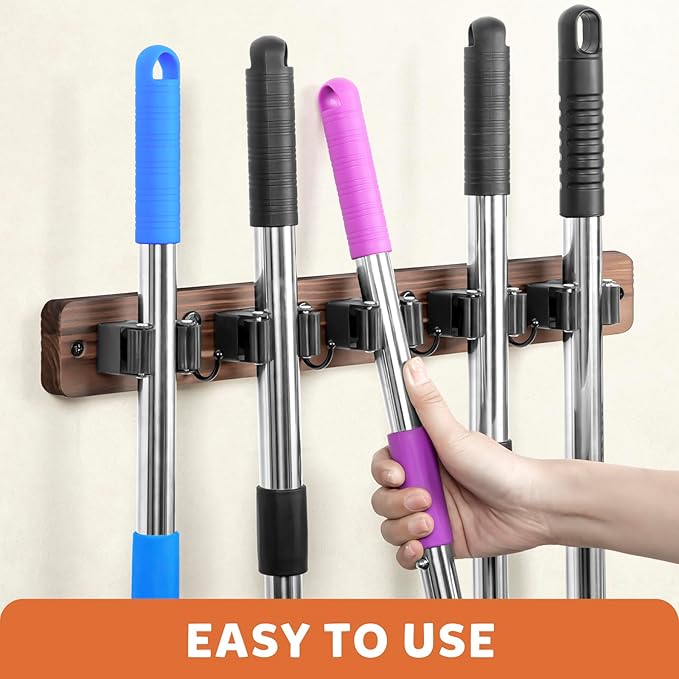 IMILLET Broom Holder Wall Mount, Rustic Wood Broom Hanger with 5 Racks and 4 Hooks, Laundry Room Organization and Storage, Mop Holder for Home Decor, Garden, Garage, Kitchen, Closet-NeatNest