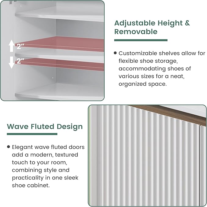 White Shoe Cabinet for Entryway, 5-Tier Shoe Storage Cabinet with Doors and Shelves, 43.7" Tall Fluted Shoe Storage Organizer Cabinet, Wooden Shoe Rack Organizer for Hallway Closet-NeatNest