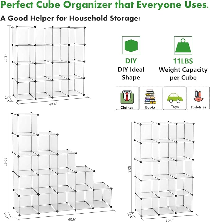 C&AHOME Cube Storage Organizer, 16-Cube Shelves Units, Plastic Storage Cubes, DIY Closet Organizer, Modular Closet Storage Shelves Ideal for Home, 48.4" L × 12.4" W × 48.4" H Transparent SUM3016W