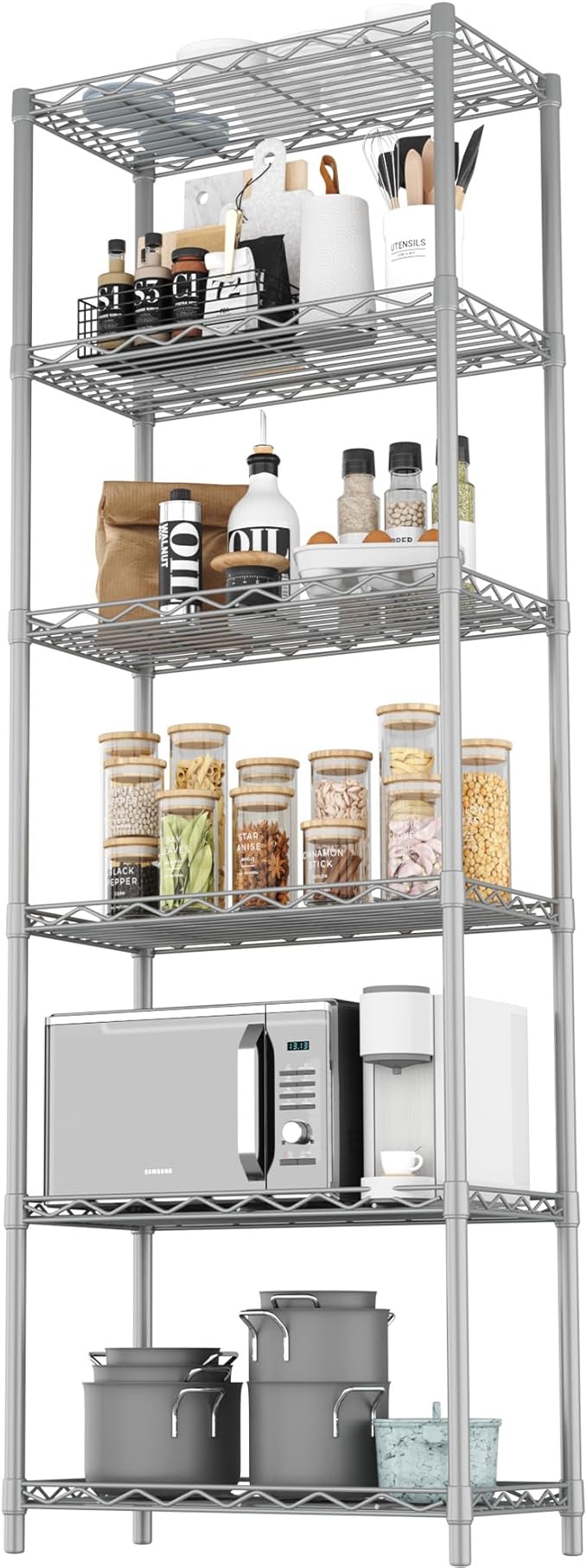 HOMEFORT 6-Tier Wire Shelving, 6 Shelves Unit Metal Storage Rack, Durable Organizer, Perfect for Pantry Closet Kitchen Laundry Organization(Grey)