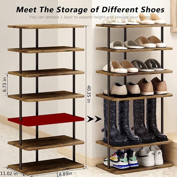 AZERPIAN Shoe Rack 7 Tier Vertical Storage Organizer Double Row Narrow Metal Slim Shelf Modern Free Standing Shoe Tower Saving Space for Closet Entryway Bedroom,Black+Rustic Brown-NeatNest