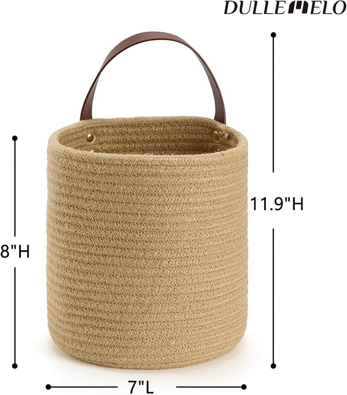 DULLEMELO Small Jute Hanging Basket 2 Pack - 7"D x 8"H, Woven Storage Basket With Leather Handle, Wall Decor Plants-NeatNest