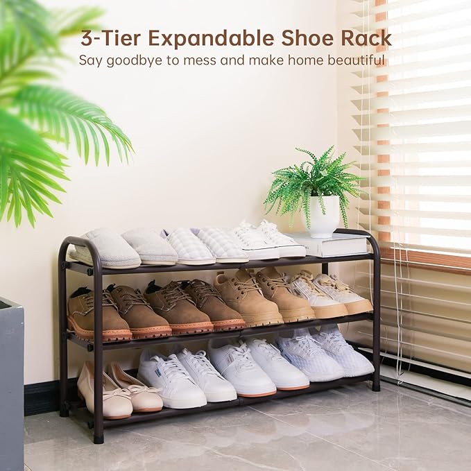 Gonfoam 3-Tier Expandable Shoe Rack,Adjustable Shoe Shelf Storage Organizer Heavy Duty Metal Free Standing Shoe Rack for Entryway Closet Doorway (Bronze)-NeatNest