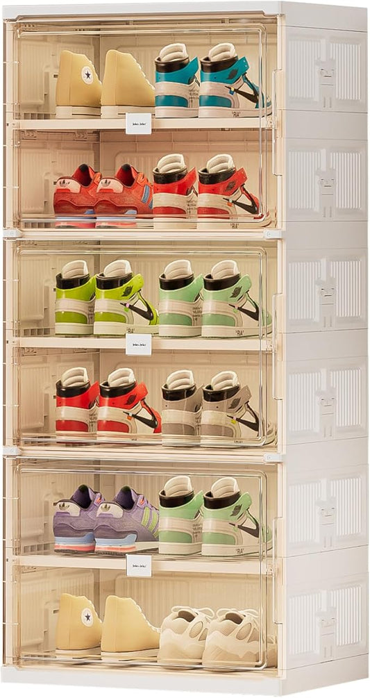 JEKO&JEKO 6 Tiers Foldable Shoe Rack Organizer Cabinet for Closet Entryway, Large Collapsible Shoe Storage Box with Magnetic Doors (White)-NeatNest