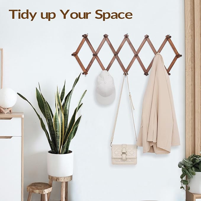 Hat Rack for Wall, Expandable Wall Hat Holder with 16 Hooks, 16 inch Wooden Wall Hook for Baseball Caps,Cowboy, Bag,Hoodie(Brown)-NeatNest