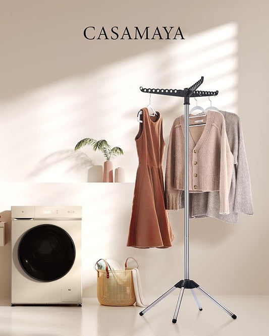 Clothes Drying Rack Foldable, 59 inch Tripod Laundry Drying Rack Indoor with Rotating Clothes Rail for 27 Pieces of Clothes, Space Saving, Stainless Steel, Black and Silver CDR001B01-NeatNest