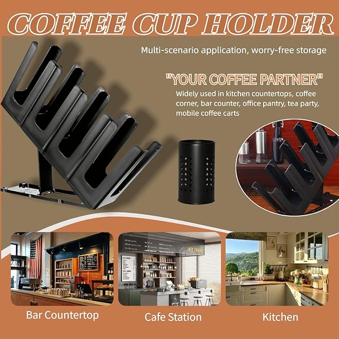 Cup Holder and Lid Dispenser with Straw Storage, Disposable Coffee Paper Cup Plastic Organizer, 7 Adjusting & 4 Compartment, for Cafe Station Bar Kitchen Restaurant Office Home Countertop, Adjustable-NeatNest