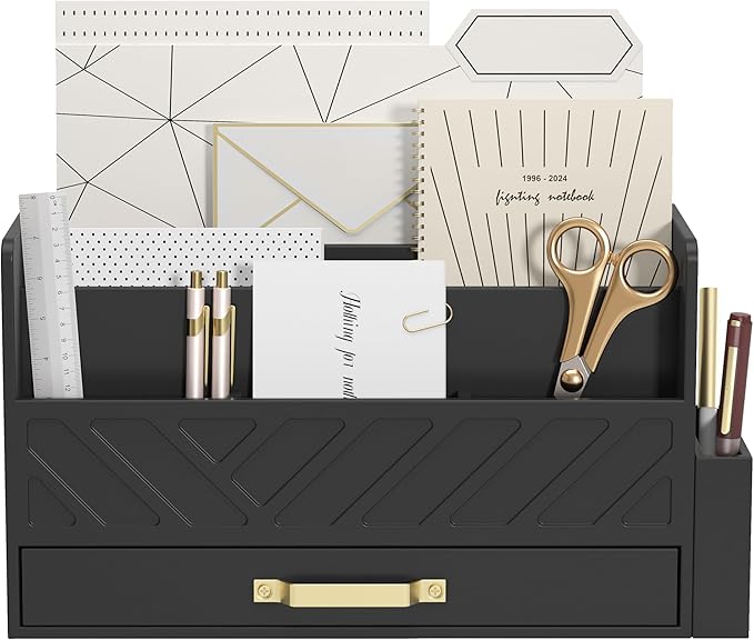 Bamboo Desk Organizer Mail Holder Countertop Wood Desk Drawer Tabletop Storage Box Pen Holder Letter Sorter Makeup Organizer for School Home Office Supplies with Pen Holder Black-NeatNest