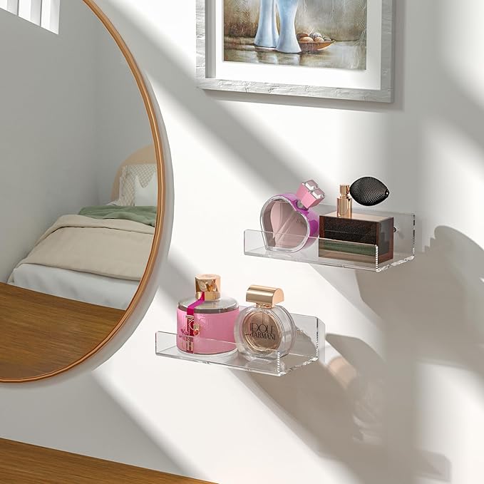 7'' Clear Acrylic Wall Shelf 2 Pack, Acrylic Floating Shelves, Acrylic Small Shelf for Books, Home Décor, Digital Clock, Speaker, Wine Bottle-NeatNest