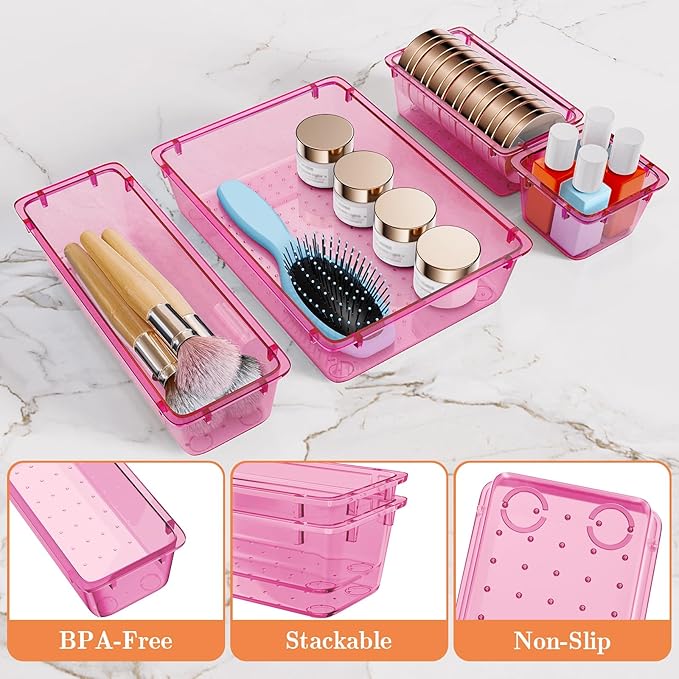 25 PCS Plastic Drawer Organizer Set, 4-Size Versatile Organizer Trays & storage Bins for Makeup, Jewelry, and Gadgets in Bathroom, Bedroom and Office, Clear Pink-NeatNest