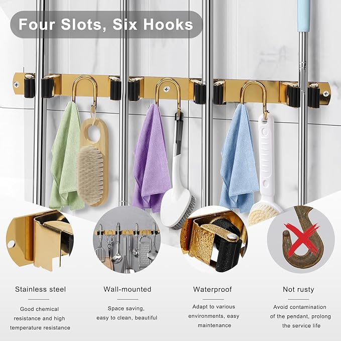 Mop Broom Holder Wall Mount, Gold Stainless Steel Tool Storage Organizer for Kitchen Garden Garage Laundry Room Bathroom and RV with 4 Slots 6 Hooks-NeatNest