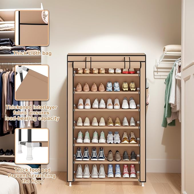 Laiensia 7-Tier Vertical Shoe Rack Organizer, Space Saving Shoe Storage Organizer, Non-Woven Cover Shoe Shelf Holds 28-35 Pairs for Bedroom, Hallway, Closet Entryway, Brown-NeatNest