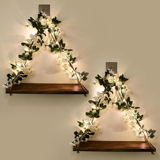 Floating Shelves for Wall,Plant Wall Decor,Hanging Shelf,Cottage Core Decor,Room Decor Aesthetic,Boho Room,Adhesive Shelves,Floating Shelves for No Drilling,Two-Piece Set(White Flower)-NeatNest