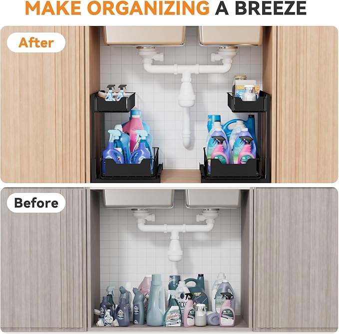 2 Pack Metal Under Sink Organizer, Pull Out Cabinet Organizer Rack with Silk-Smooth Bottom Drawer, Easy to Install, Multi-Purpose Storage Shelf for Bathroom, Kitchen, Vanity, Pantry-NeatNest
