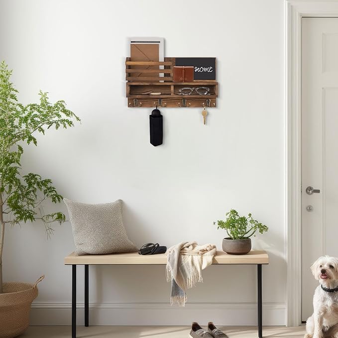 Key Holder for Wall, Wall Mounted Mail Holder Wooden with Shelf & 3 Liquid Chalks & Chalkboard, Mail Sorter Organizer, Rustic Home Decor (15.98”W x 9.1”H x 3.3”D), Burnt Brown