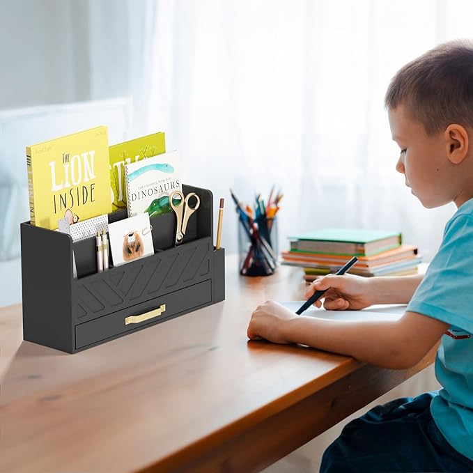 Bamboo Desk Organizer Mail Holder Countertop Wood Desk Drawer Tabletop Storage Box Pen Holder Letter Sorter Makeup Organizer for School Home Office Supplies with Pen Holder Black-NeatNest