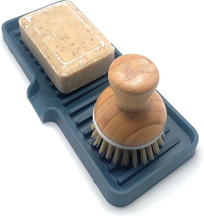 Happitasa Silicone Soap Dish Tray and Sponge Holder with Drain Chute | Bathroom and Kitchen Sink Organizer Caddy (Smoky Blue, 9"x3.5", 5.6 Ounces)-NeatNest