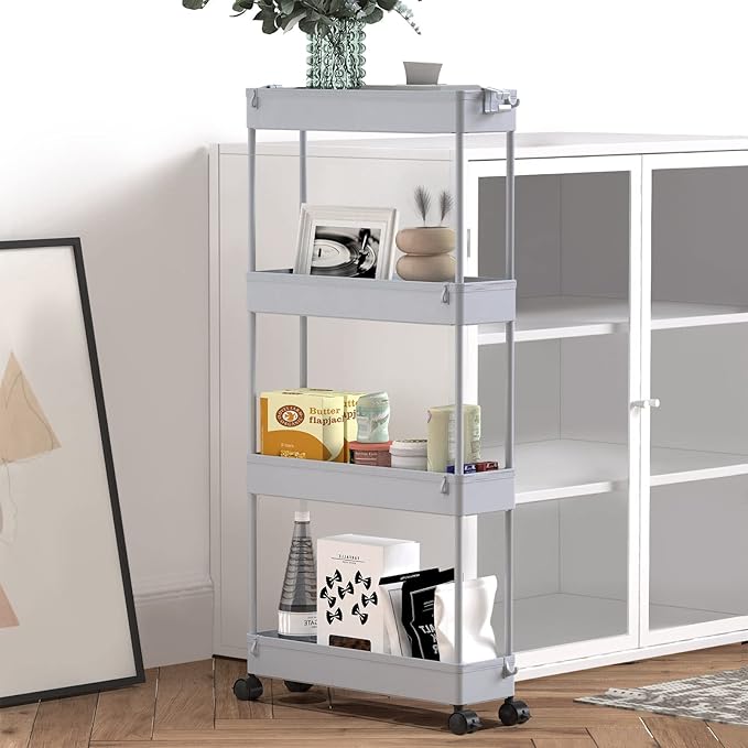 SPACELEAD Slim Storage Cart 4 Tier,Bathroom Organizer Rolling Utility,Mobile Shelving Unit Slide Out for Office, Kitchen, Laundry Room & Narrow Places,Gray-NeatNest