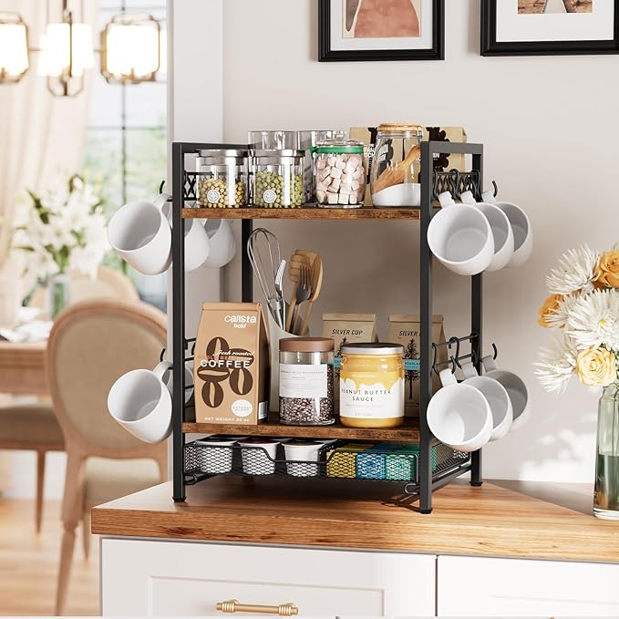 Coffee Bar Organizer Countertop, 3 Tier Mug Cup Holder Stand with 12 Hooks, 25 K Cup Coffee Pod Drawer with Mug Rack, Multifunctional Shelf for Accessories Kitchen (Black)-NeatNest