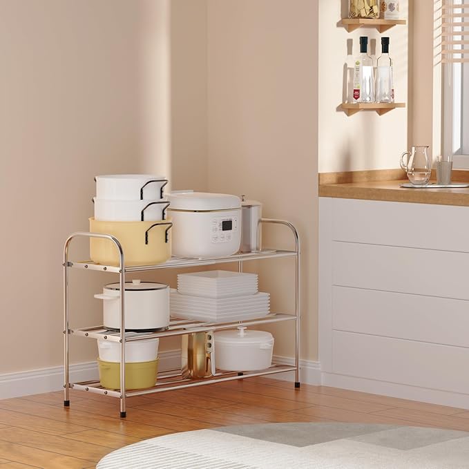 3 Tier Expandable Shoe Rack for Closet, Stainless Steel Shoe Shelf, Strong Weight Capacity Shoes Organizer, Easy to Install and Saving Space Standing Shelf with Sturdy Frame(3 Tier)-NeatNest