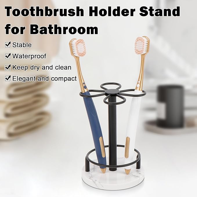 HarJue Toothbrush Holder Stand for Bathroom, Metal Toothbrush Organizer with Marble Base, Toothbrush Storage Collection for Family, Suitable for Home Hotel Countertop Vanity (Small, Matte Black)