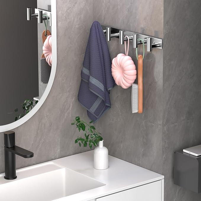 Wall Mounted Coat Rack-5 Hooks, Heavy Duty Stainless Steel Hook Rail for Towel Coat Hat Purse Bag Jacket, Towel Hooks for Entryway Bathroom Kitchen (Silvery 5 Hooks - 1 Pack)-NeatNest