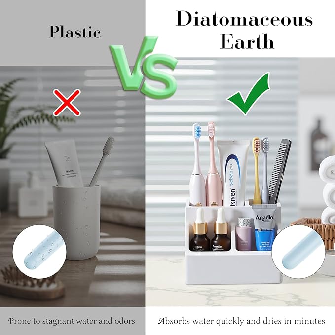 Luxspire Toothbrush Holder, Fast Drying Toothbrush Holders for Bathroom, Diatomaceous Earth Electric Tooth Brush Organizer Toothpaste Holder for Countertop Dresser, Light Gray