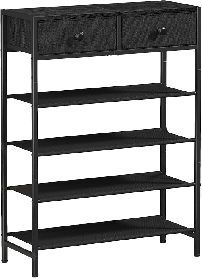 Shoe Rack, 5 Tier Shoe Organizer with 2 Drawers, Metal Shoe Storage for 16-20 Pairs of Shoes with Fabric Shelves and Wooden Top, Narrow Shoe Shelf for Closet Entryway Black-NeatNest