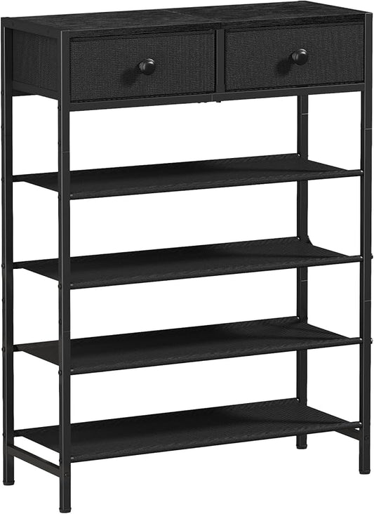 Shoe Rack, 5 Tier Shoe Organizer with 2 Drawers, Metal Shoe Storage for 16-20 Pairs of Shoes with Fabric Shelves and Wooden Top, Narrow Shoe Shelf for Closet Entryway Black-NeatNest