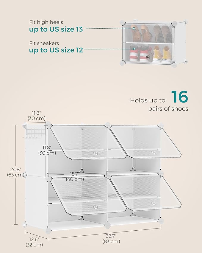 SONGMICS Shoe Rack Organizer, 4-Tier Shoe Storage Cabinet for Closet and Entryway, Holds 16 Pairs of Shoes, Adjustable, White ULPC032W01-NeatNest