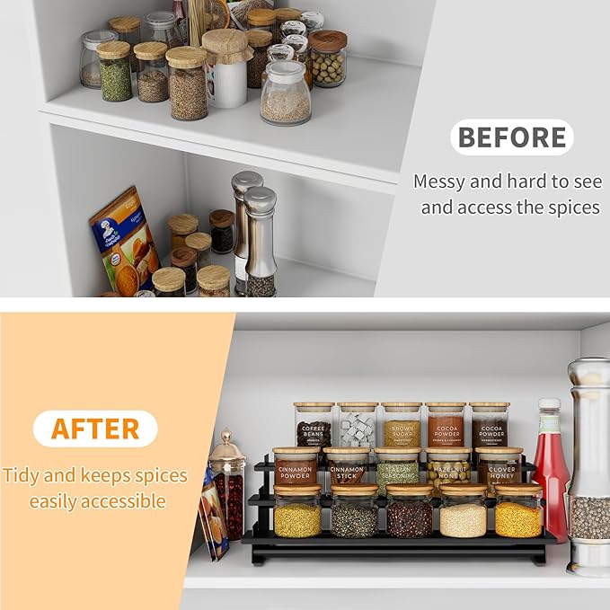 2 Pack Spice Rack Organizer for Cabinet, 3 Tier Seasoning Organizer, Metal Step Shelf Countertop Spice Racks for Inside Cabinets, Kitchen, Black