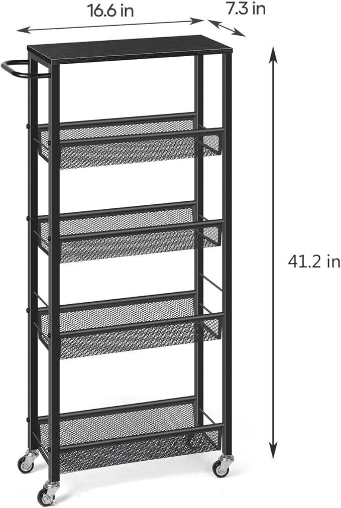 MOOACE Slim Storage Cart, 5 Tier Kitchen Rolling Carts with Wheels, Metal Narrow Cart Utility Cart Mobile Shelving Unit for Bathroom Organizer Kitchen Office Laundry Room, Black