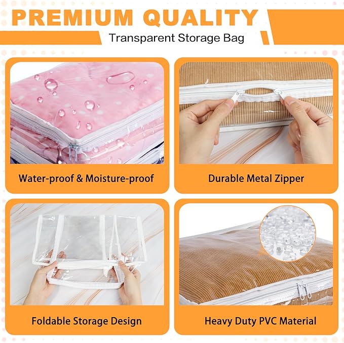 Clear Zippered Storage Bags Plastic Sweater Storage Bags with Zipper 6 Packs Clothing Organizer for Blankets Linen Sweater Bed Sheet Quilt Clothes Pillow (15.7 x 13.8 x 3.9 Inch)-NeatNest