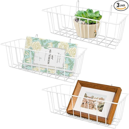 3 Pack Wire Baskets,Metal Wire Storage Basket,Wall Hanging Bin and Display Basket for Kitchen,Cabinet,Pantry,Bathroom,Home Decor Supplies,Potted Plants,White