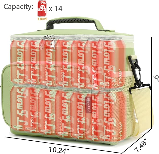 FlowFly Insulated Reusable Lunch Bag Adult Large Lunch Box for Women and Men with Adjustable Shoulder Strap,Front Zipper Pocket and Dual Large Mesh Side Pockets,Light Matcha-NeatNest