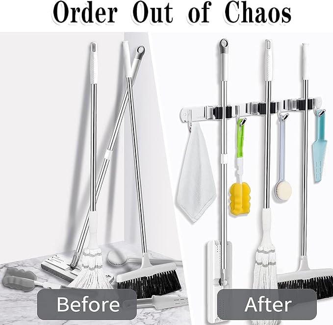 2 Pack 3 Racks and 4 Hooks Broom and Mop Holder Wall Mounted Garage Organizer Storage Tool Racks Stainless Steel Heavy Duty Hooks Self Adhesive Solid Non-slip Wall Hangers for Home Kitchen Garden-NeatNest