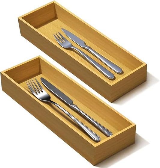 Bamboo Drawer Silverware Organizer, Silverware Tray, Flatware Organizer, Bamboo Storage Box Suitable for Office, Bathroom and other objects storage (9.85"x3.55"x1.78"- Set of 2)-NeatNest