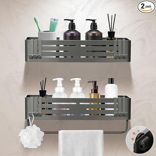 Lekesky Suction Cup Shower Caddy, No Drill Shower Shelves with a Towel Bar, Aluminum Rust Proof Bathroom Shower Organizer with 12 Hooks (2-Pack, Gunmetal Gray)