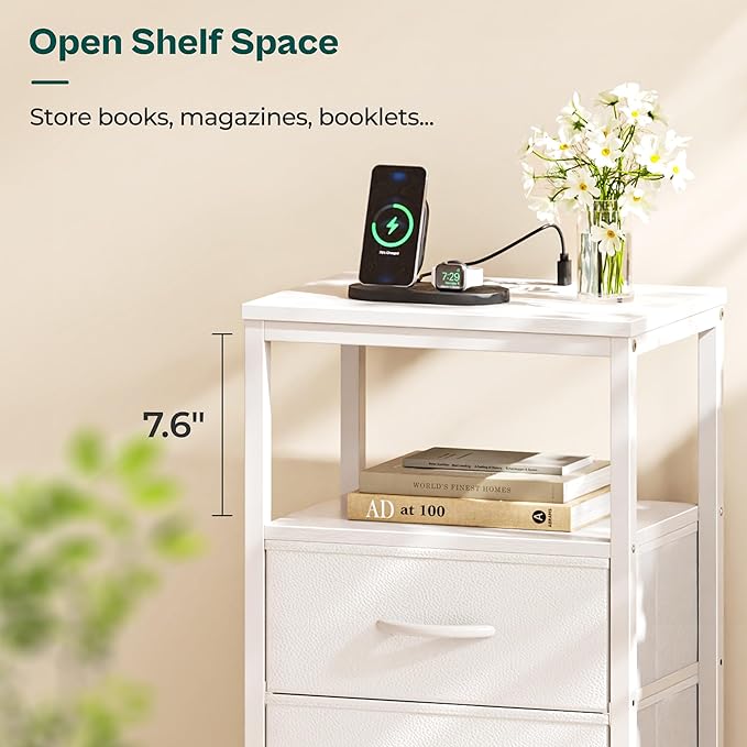 Huuger Nightstand with Charging Station, Side Table with Fabric Drawers, End Table with Open Shelf, Bedside Table with USB Ports and Outlets, Night Stand for Bedroom, White