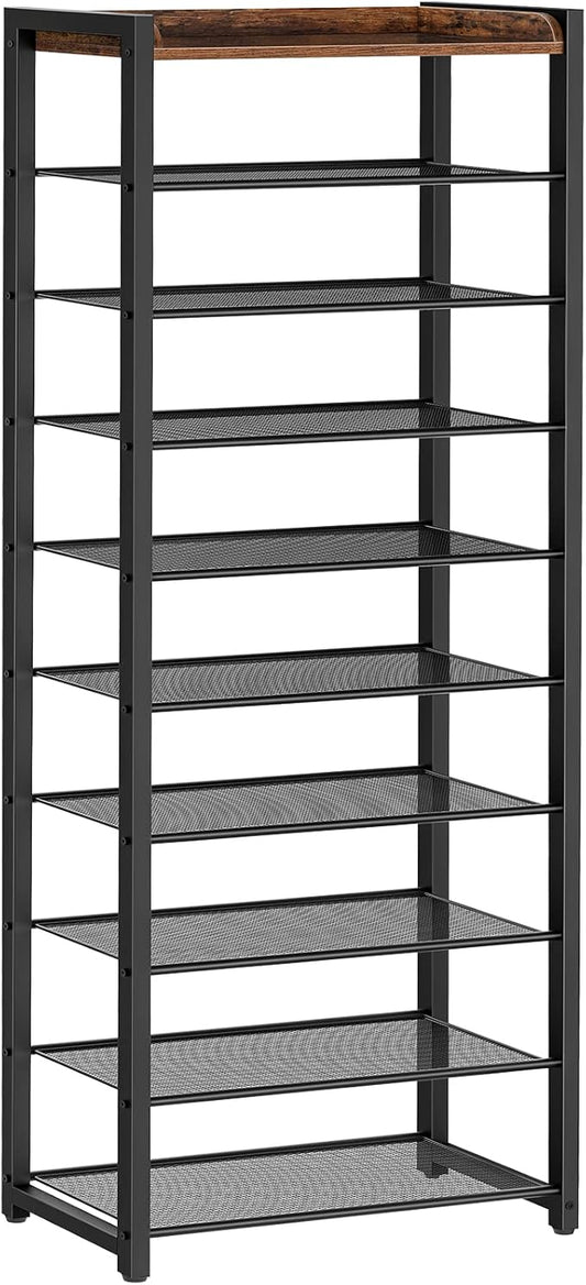 HOOBRO 10-Tier Shoe Rack, 20.5" L Shoe Storage Organizer, Narrow Shoe Shelf, Saving Space, Stable and Sturdy, Hold 18-20 Pairs of Shoes, for Entryway, Hallway, Living Room, Rustic Brown BF40XJ01-NeatNest