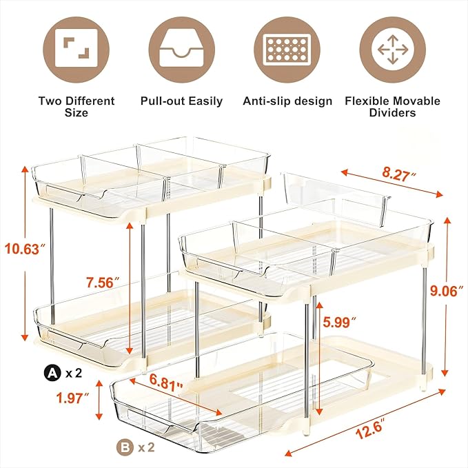 Delamu 4 Sets of 2-Tier Multi-Purpose Bathroom Cabinet Under Sink Organizers and Storage, Stackable Kitchen Pantry Organization and Storage, Beige-NeatNest
