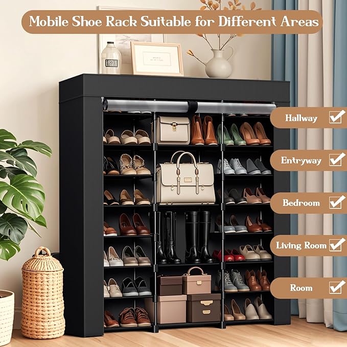 Shoe Rack for Closet, Shoe Organizer Storage Cabinet 9-Tier Large Capacity Holds up 40-46 Pairs with Dustproof Nonwoven Fabric Cover Vertical Rack for Entryway Garage-NeatNest