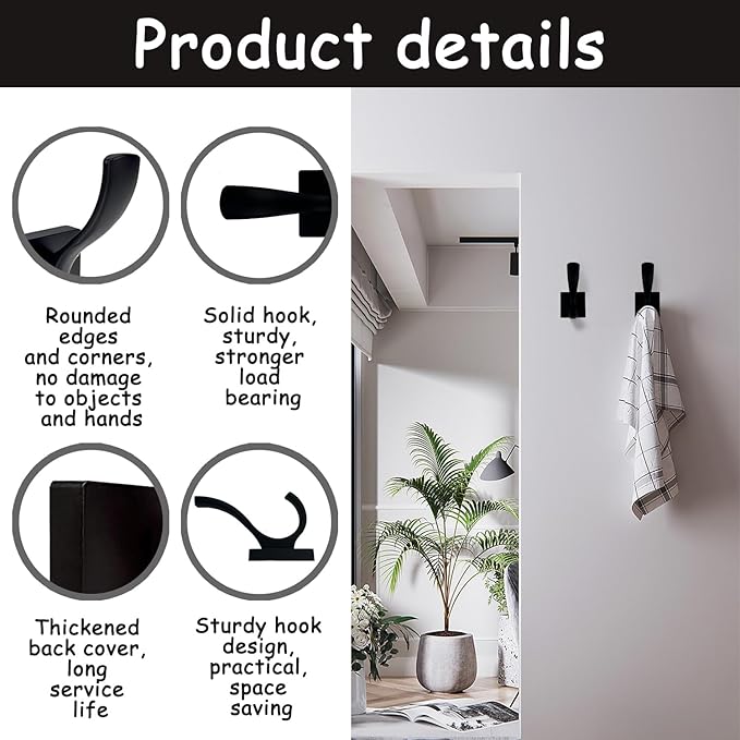 8 Pack Towel Holder for Bathroom Wall Hooks, Bath Towel Rack Shower Towel Holder, Robe Hook Heavy Duty Coat Hooks Entryway Wall Mounted for Hanging Key Robe Hat Backpack (Black)