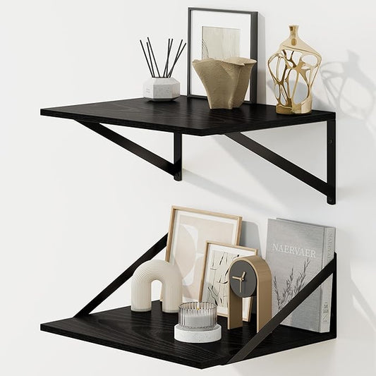 Fun Memories Floating Shelves for Wall, 12 Inch Deep Floating Shelves Set of 2, 16W x 12D Large Wall Shelf with Sturdy Metal Brackets for Living Room, Bathroom, Bedroom and Kitchen, Black-NeatNest