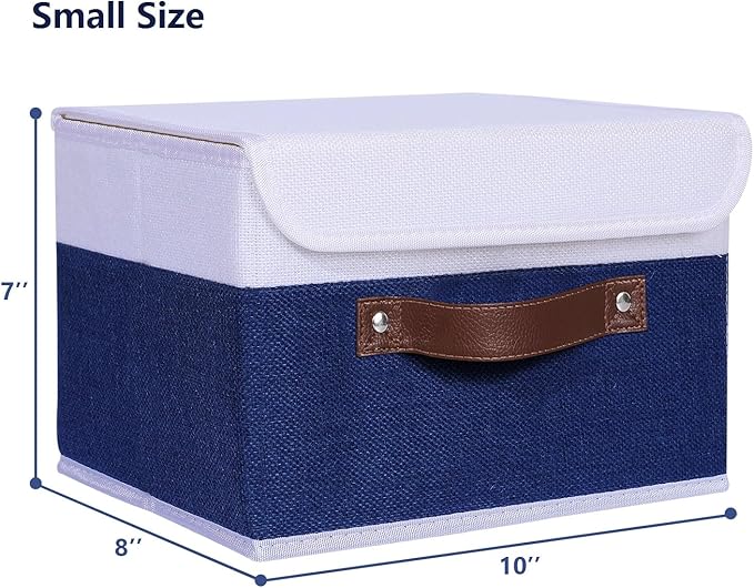 ANMINY 4PCS Storage Boxes with Lid Washable Decorative Storage Bin Basket with PU Leather Handle Foldable Linen Fabric Storage Cube Container for Home Closet Organizer - Deep Blue White, Small Size-NeatNest